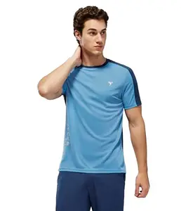 TECHNOSPORT Men's Slim Fit Color Block Short Sleeve T-Shirt (MTP808LBE_Lichen Blue_M)