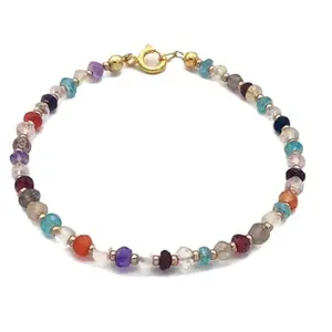 LKBEADS Gold Plated Bracelet with Multicolor Smooth Multi Gemstone Beads – Rondelle 3-3.5mm – 7 inch Adjustable – For Men & Women|LK_STACK_04865