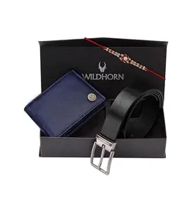WildHorn Rakhi Gift Set for Brother - Premium Men's Combo | Gift Set of Leather Wallet & Belt & Rakhi with an Unique Slider Gift Box for Brother (Blue)