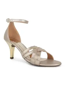 Inc.5 Womens Golden Party Wear Striped Round Toe Kitten Heel Sandals