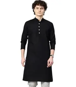 Majestic Man Men's Cotton Regular Fit Casual Mandarin Collar Ethnic Motifs Solid Long Kurta