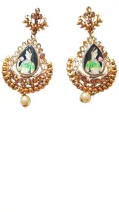 Fashion Empire Traditional Pearl Drop Earrings, Gold-Toned Paisley Design with Painted Enamel Detail