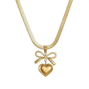 Peacelle Anti Tarnish Gold Plated Heart Pendant Necklace with Bow Design for Women | Waterproof, Nickel-Free & Skin Safe Jewellery | Stylish & Elegant Gift for Her