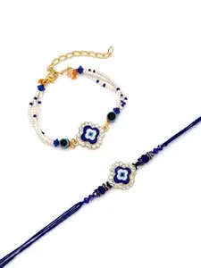 Adiva Gold-Plated Evil Eye Lumba Rakhi Gift Set for Bhabhi, Raksha Bandhan with Pooja Thali & Roli Chawal