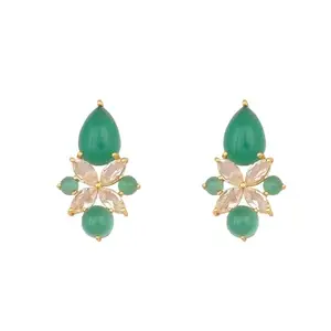 Yinara Women's 18k Gold Plated Cubic Zirconia & Semi Precious Green Onyx Studded Floral Shaped Mini Studs | Fashion Jewelry for Parties, Weddings, Gifts | Green