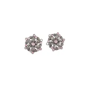 StylishKudi Baby Pink Stone Studded German Silver Stud Earrings