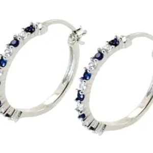 Sterling Silver White Gold Color plated Blue Sapphire&White Stone Hoop Earrings Women's
