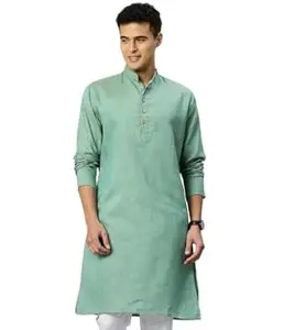 Majestic Man Men's Cotton Regular Fit Traditional Mandarin Collar Ethnic Motifs Solid Long Kurta