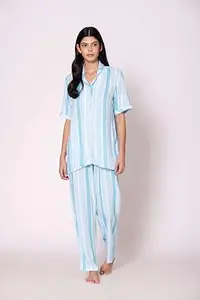 MESMERRO Liva Viscose Plume Striped Print Top with Pyjama Set