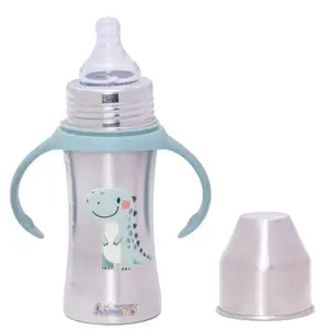 Adore Advance Magnus Printed Stainless Steel Feeding Bottle with Food Grade Anti Colic Silicone Teat & Detachable Twin Handle -250 ml (Green Dino)