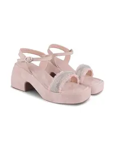 JM LOOKS Women’s Chunky Block Heel Sandals with Rhinestone Strap | Square-Toe Ankle Strap Sandals for a Stylish and Comfortable Fit