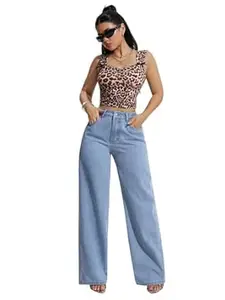 KOTTY Womens High Waist Flared Fit Ankle Length Clean Look Denim Jeans