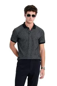 SNITCH Men Polo T-Shirt | Vertical Textured Stripe Ribbed Jacquard Knit Slim Fit | Breathable Polyester Cotton Blend Half Sleeve Button Placket Casual Wear