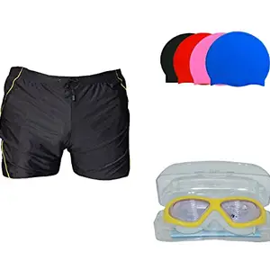 I-SWIM SWIMMING SHORTS V-619 BLACK YELLOW PIPING SIZE 3XL WITH GOGGLES SILICONE IS-SG LARGE WITH BOX WHITE AND 100% SILICONE SWIMMING CAP PLAIN RED