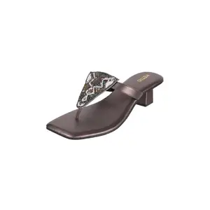 Metro Women's Gun Metal Faux Leather Beaded Embellished Block Heel Thong Slippers UK/3 EU/36 (32-946)