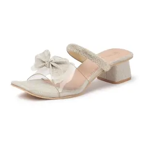 Denill Women's Block Heel Slip on Sandals with Upper Bow Design Heels for Women & Girls With Non Slip Sole(Gold) Uk-6