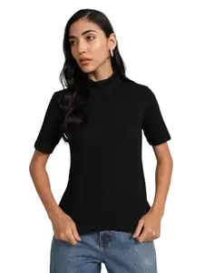 THE DRY STATE Womens Black Colour Basic Fit High Neck Cotton Tshirt with Elbow Sleeves