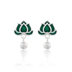 Nemichand Jewels White 925 Sterling Silver Exquisite Green Lotus Enamel Flower Stud Earrings Stud for Women & Girls
