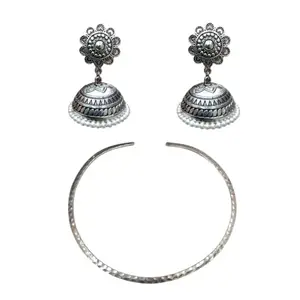 Traditional Silver-Toned Floral Jhumka Earrings with Hasli Necklace Set, Pearl-Beaded Tribal Design