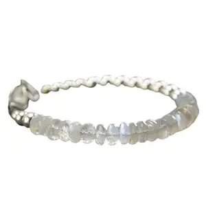 LKBEADS Silver Plated Bracelet with White Faceted Rainbow Moonstone Beads – Rondelle 4mm – 7 inch Adjustable – For Men & Women|LK_STACK_05718