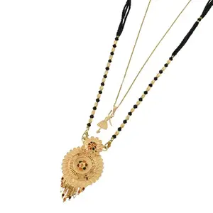 MALKYN Women's Gold Plated Peacock Motif Mangalsutra with Enamel Work and Ballerina Pendant Layered Necklace Set, Traditional Indian Black Beaded Jewelry-MD-120