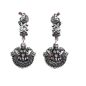 Oxidised Silver Indian Goddess Laxmi Design Temple Jhumki Earrings for Women Cubic Zirconia Brass Earring S(523-multi)
