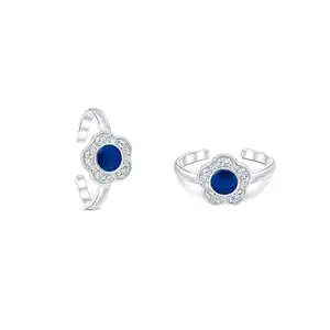 Raajraani Pure 925 Sterling Silver Toe Ring | Blissful Silver Zirconia Toe Rings with Enamel for Women | Rhodium Finish, Blue color Enamel| Zirconia studded | Adjustable Toe Ring For Women (3.7 gram)