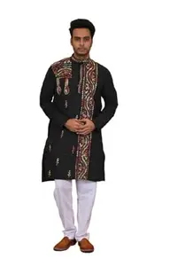 RAMSHYAM Collection Men's Handloom Kantha Kurta (Cotton) - Black, Large (in, Alpha, L, Black)