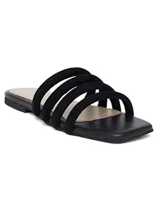 Elanberg Womens Faux Leather Fluffy Straps Women Flat Fashion Sandals (Black, 8UK) (ELB139BK)