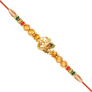 De Marquis 1 Designer Rakhi | RG-02594 Pearl, Kundan, Mauli Thread Rakhee for Brother | Roli-Chawal | Best Wishes Greeting Card