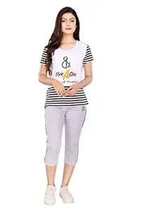 STYLEAONE Women's Cotton Grey Capri and White Top Set (X-Large)