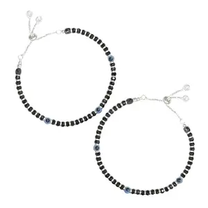 TARAASH 925 Sterling Silver Black Beaded Evil Eye Anklet for Women/Girl