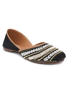 Retro Walk Square Toe Ethnic Embellished Mojaris (MJ002_Black)