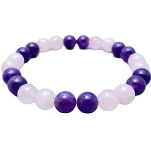 RRJEWELZ Natural Amethyst & Rose Quartz 8mm Round Shape Smooth Cut Beads 6.5 Inch Stretchable Bracelet For Men & Women. Unisex Bracelet For Healing, Meditation, Prosperity, Gift & Luck|STBR_RR_10584_6.5