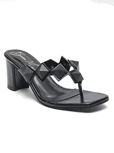 Bruno Manetti women's Black Slipon Back Open Square Toe V Strap with Upper Triangle Studs Comfort Heel's