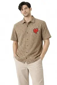 HAPPY ENDING Men's Shirt|Knitted Shirt| Half Sleeve Button Down Shoulder Casual Wear Shirt for Men | Summer Collared Neck Daily, Office Wear Nail The Heart Printed Regular Fit for Men