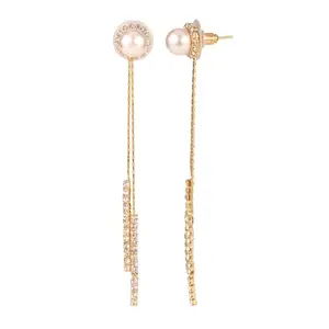 VOYLLA Korean Bling Pearl Gleam Tassel Earrings For Women|Chic|American Diamond|Party|Cocktail|Western|Gift For Women & Girls