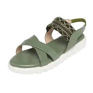 MONROW Ahaana Leather Flat for Women, Olive, UK-4 | Casual & Formal Sandals | Stylish, Comfortable & Durable | Occasion Wear