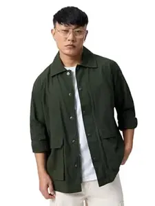 The Souled Store Utility Shacket: Dark Basil Men and Boys Long Sleeve Spread Collar Dark Green Solid Lightweight Easy to Style Everyday Office Wear Casual Cotton Shirt