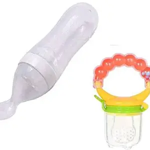 MOM'S PRIDE 90ML Newborn Baby Feeding Bottle | Toddler Silicone Squeeze Feeding Spoon Milk Cereal Training Feeder & Rattle Fruit feeder| (Set of 2) (White)