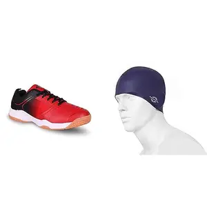Nivia HY-Court 2.0 Badminton Shoe for Mens (Red/Black) Size - UK-9 Classic Silicone Swimming Cap for Adults (Navy Blue)