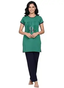 NXTWIN Women’s Nightwear Set | Short Sleeve Long Top with Pajama | Comfortable Cotton Lounge Wear for Women