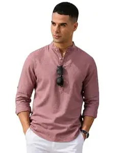 Majestic Man Men's Pure Cotton Solid Mandarin Collar Slim Fit Roll-Up Sleeves Short Kurta Lightweight Summer Kurta for Daily & Occasion Use