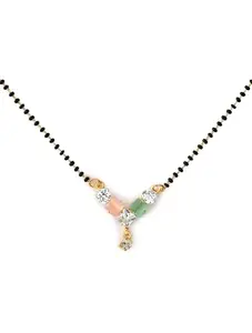 Traditional Mangalsutra Necklace with Crystal Stones, Black Beads Chain, Pink and Green Pendants, Gold-Plated