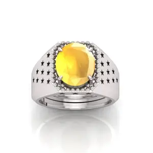 RRVGEM Natural 14.25 Ratti Yellow Sapphire Silver Plated Ring Astrological Adjustable Ring Size 16-22 for Men and Women