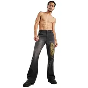 FUGAZEE Black Dragon Embroidery Flared Denim Jeans for Men | 100% Cotton Denim | Front & Back Embroidered Dragon Design | Button & Zip Closure | Belt Loops