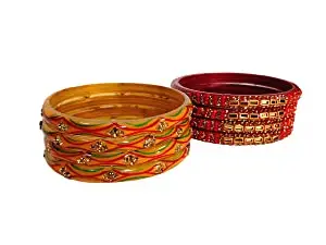 SET OF 4 RED-GOLDEN BANGLES WITH 4 YELLOW BANGLES IN GLASS (2.8)