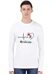 Customized Print Round Neck Half Sleeve Dry-Fit Cotton T-Shirts for Men Lifeline with Alphabet R Printed(White) (Large)
