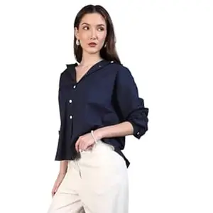 Urbano Fashion Women's Cotton Full Sleeve Oversized Fit Casual Solid Slub Shirt with Spread Collar