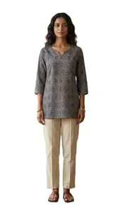 JIVAS COLLECTIVES Women’s Pure Katha Cotton & Cotton Floral Print Kurti | Short Tunic Top for Women | Round V-Neck 3/4 Sleeve Ethnic Kurti for Daily & Casual Wear